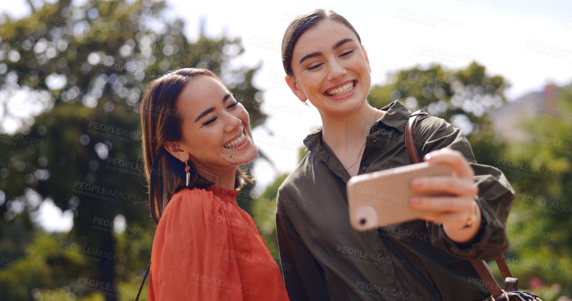 Buy stock photo Selfie of friends in park together with smile, nature and memory for social media with trees. Photography, happiness and women in city garden for holiday blog, post or live stream on outdoor walk.