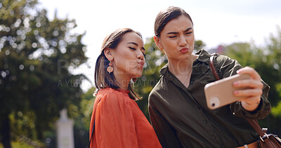 Buy stock photo Selfie of women in park together with friends, nature and memory for social media with smile. Photography, happiness and people in city garden for holiday blog, post or live stream on outdoor walk.