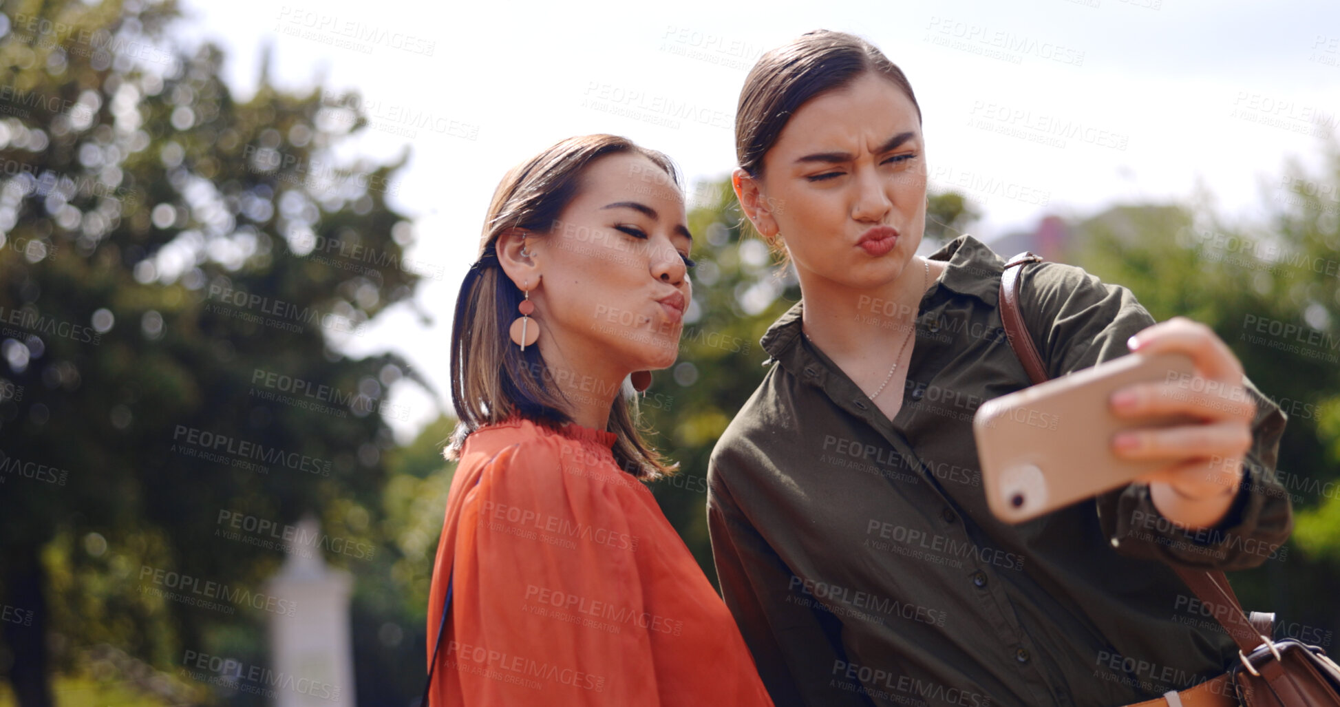 Buy stock photo Selfie of women in park together with friends, nature and memory for social media with smile. Photography, happiness and people in city garden for holiday blog, post or live stream on outdoor walk.