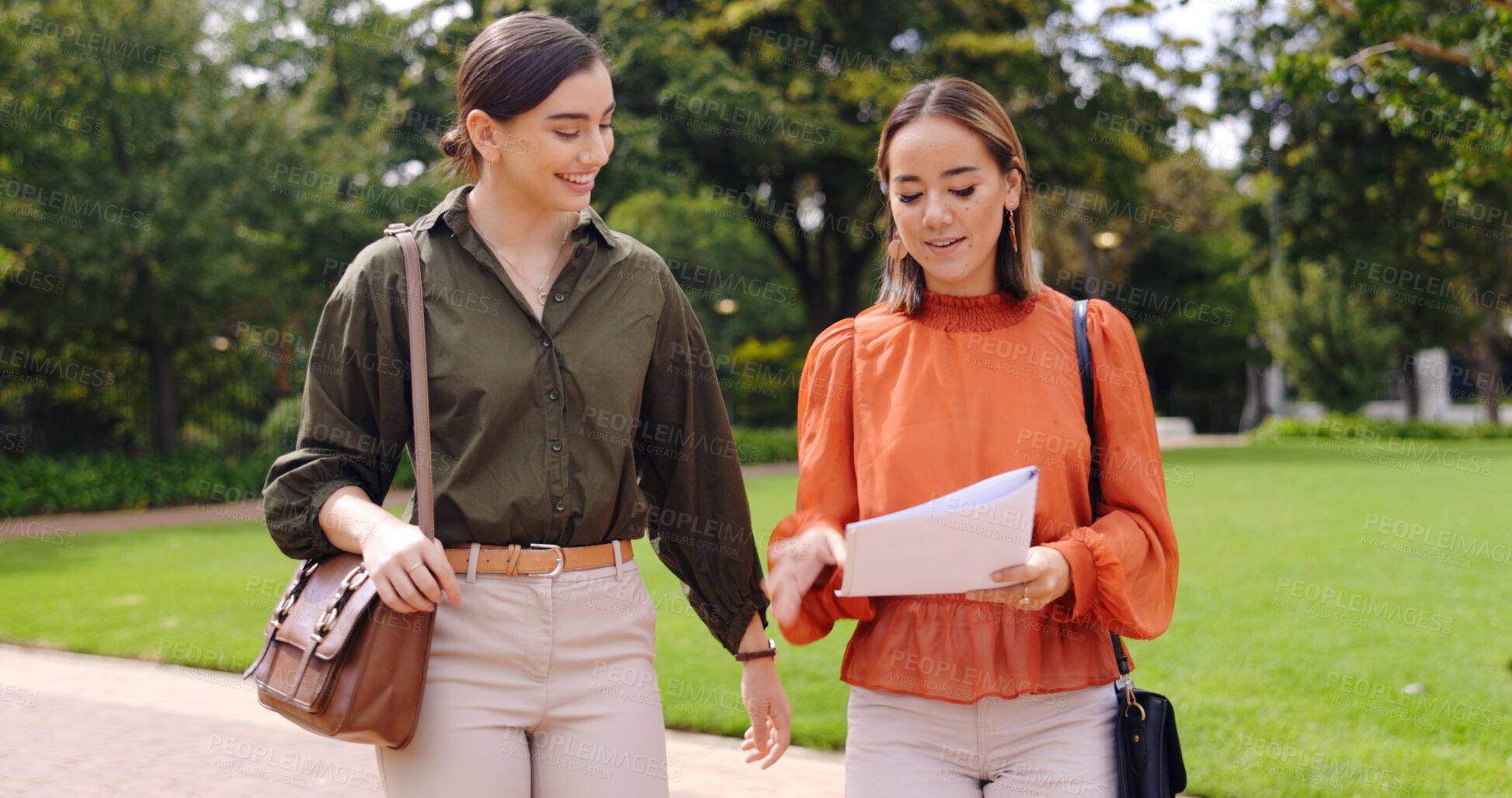 Buy stock photo Business, teamwork and woman with documents outdoor in park for planning, partnership and idea. Legal, paperwork and friends conversation in city with professional, communication and collaboration