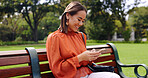 Relax, phone and smile with woman on park bench for social media, streaming and news, Internet, technology and digital with business female in outdoors for communication, commute and networking