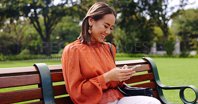 Buy stock photo Happy asian woman, phone and park bench for social media, communication or outdoor networking. Female person smile in relax with mobile smartphone app for online chatting, texting or search in nature