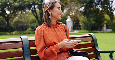 Buy stock photo Happy asian woman, phone and park bench in nature for social media, communication or outdoor networking. Female person smile in relax with mobile smartphone app for online chatting, texting or search