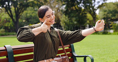 Selfie, hand gesture and woman on bench at park taking pictures for social media influencer. Summer, profile picture and person sitting outdoor taking photo for happy memory, peace sign and thumbs up