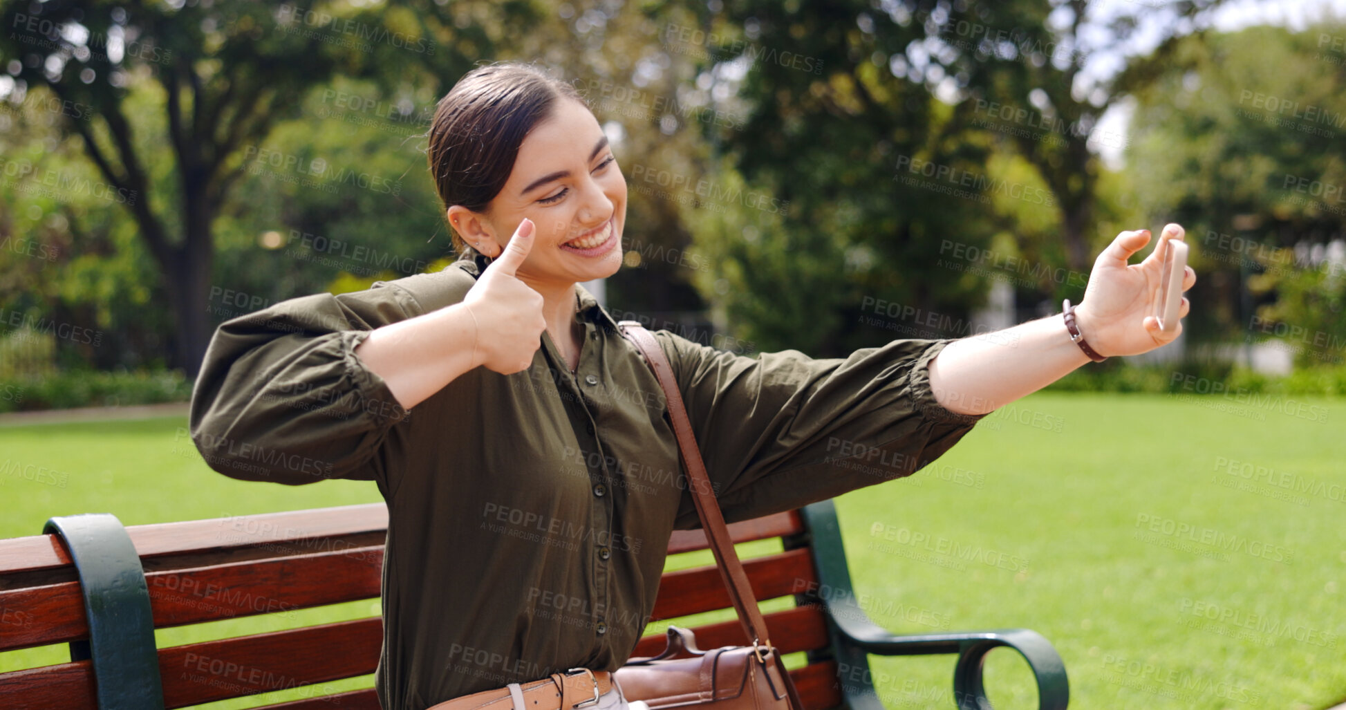 Buy stock photo Thumbs up, selfie and happy woman at park on bench outdoor, hand gesture and smile. Photography, picture and person with like sign, success and agreement in nature for social media review in garden