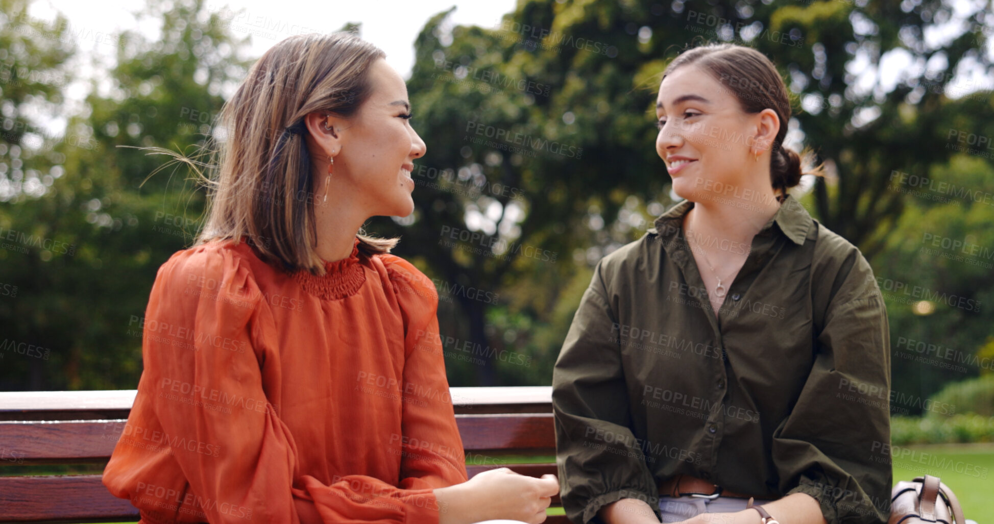 Buy stock photo Friends, happy women and conversation in park, chat and support in catch up for bonding. Girls, bench and relax or laugh in discussion, funny joke and meeting for friendship, speak and humor