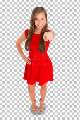 Buy stock photo Fashion, pointing and portrait of a woman in a dress for elegant, formal or glamour outfit. Happy, smile and full body of a female model with classy style isolated by a transparent png background.