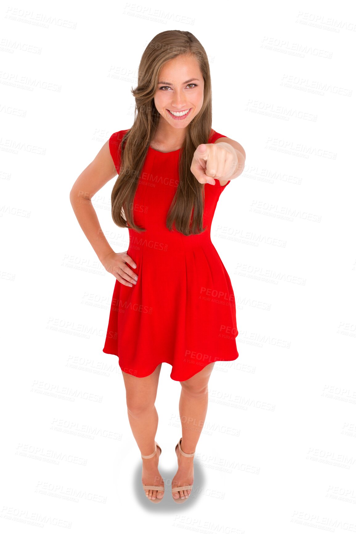 Buy stock photo Fashion, pointing and portrait of a woman in a dress for elegant, formal or glamour outfit. Happy, smile and full body of a female model with classy style isolated by a transparent png background.