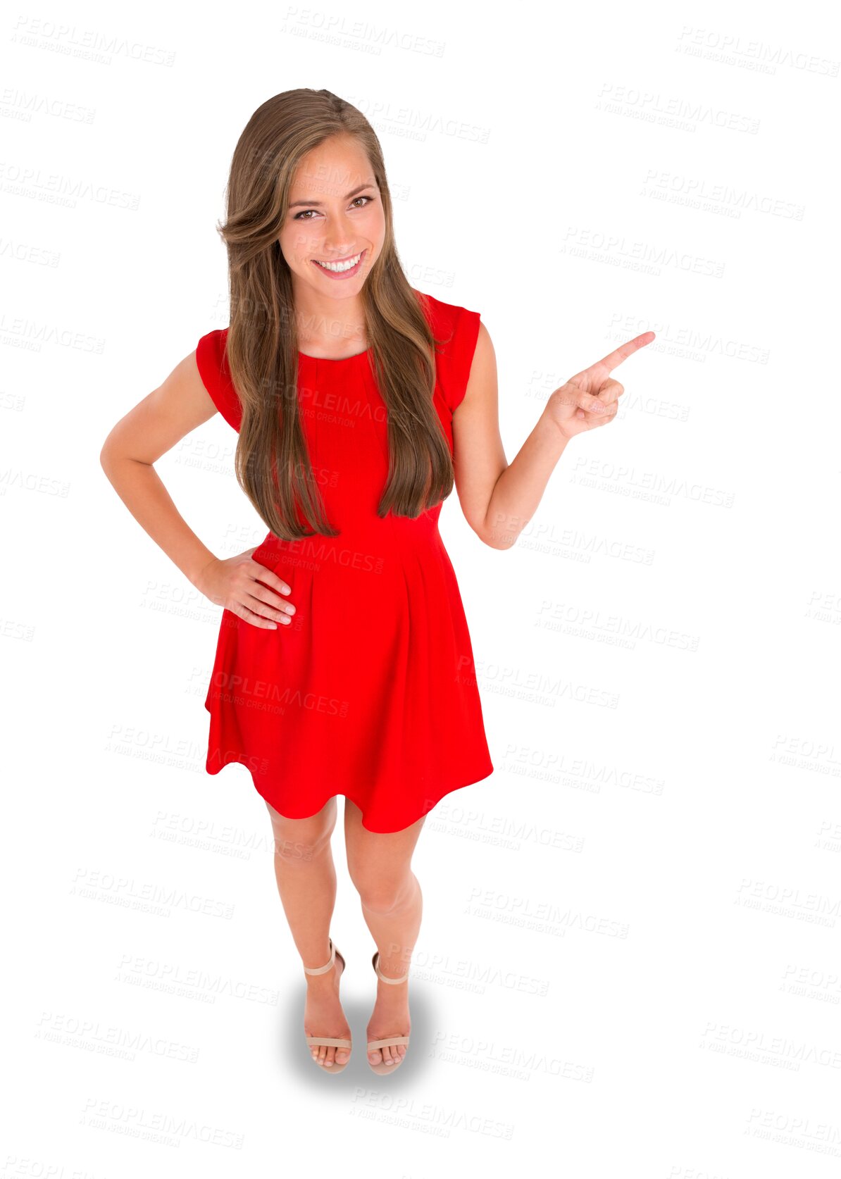 Buy stock photo Marketing, pointing and portrait of a woman in a dress for fashion, elegant or formal outfit. Happy, smile and full body of a female model with classy style isolated by a transparent png background.