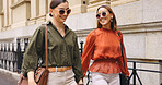 Business women walking down the tree Relax, smile and happiness with female walking in urban town for break, conversation and social