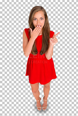 Buy stock photo Isolated woman, pointing and secret with mouth cover, hands and portrait by transparent png background. Girl, model and sign for choice, suggestion or promotion with wow, surprise or discount deal