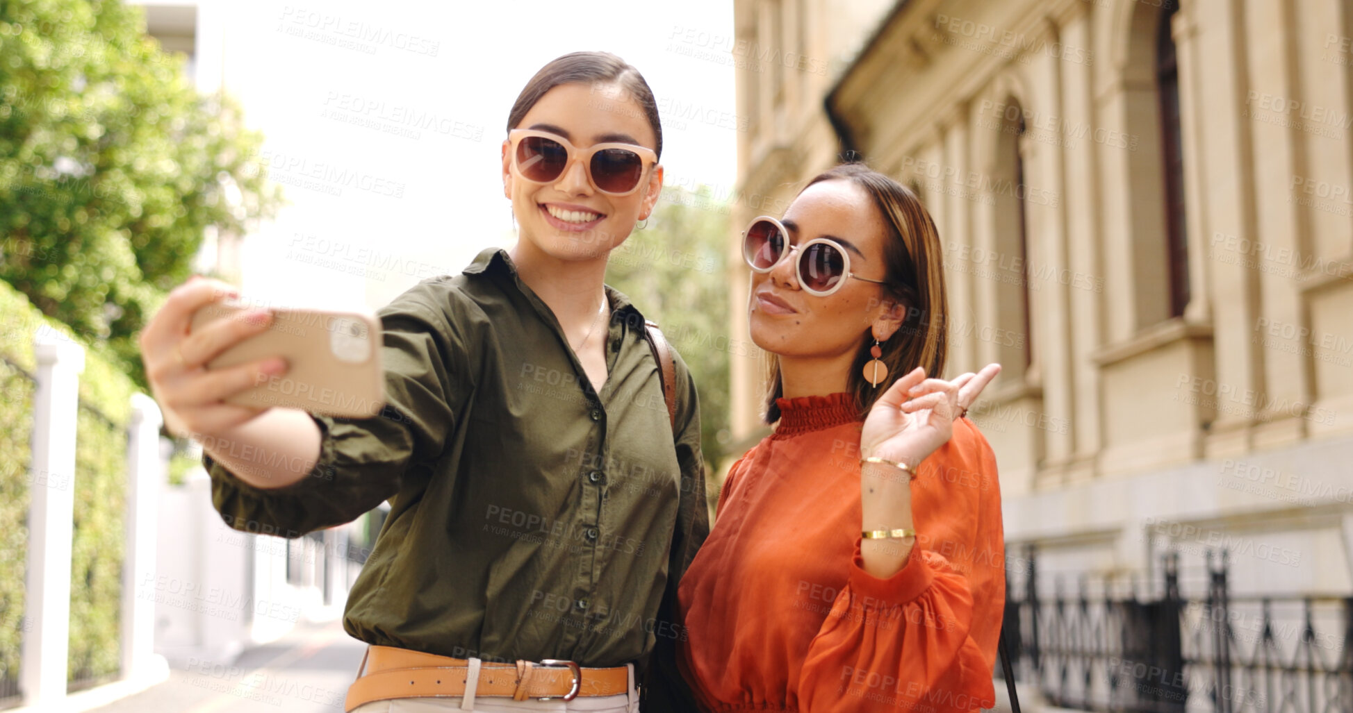 Buy stock photo Selfie of women in city street together with smile, nature and memory on social media with sunglasses. Photography, happiness and friends on urban travel for holiday blog, post or live stream on walk