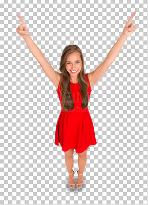 Buy stock photo Fashion, pointing and woman in a dress in celebration for product placement, advertising or marketing. Happy, smile and young female model with classy style isolated by a transparent png background.