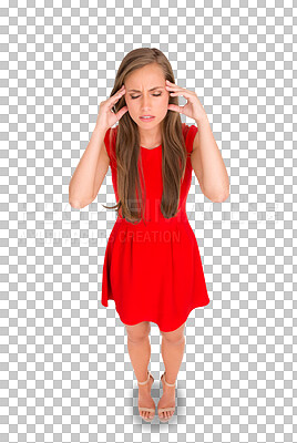 Buy stock photo Frustrated, girl and headache with stress or problem in png or isolated and transparent background. Anxiety, migraine and female person with burnout with ache and hurt with dress, pressure or worry.