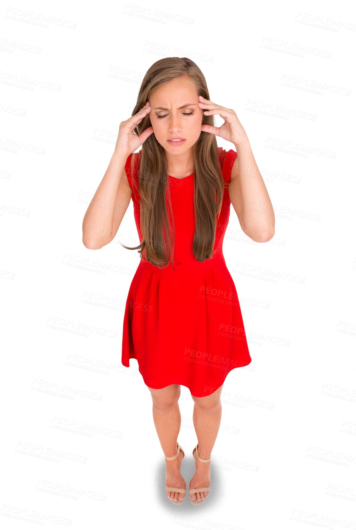 Buy stock photo Frustrated, girl and headache with stress or problem in png or isolated and transparent background. Anxiety, migraine and female person with burnout with ache and hurt with dress, pressure or worry.