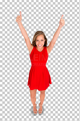 Buy stock photo Happy, thumbs up and woman in a dress for approval, agreement or achievement. Success, smile and portrait of a young female model with a like gesture or emoji isolated by a transparent png background