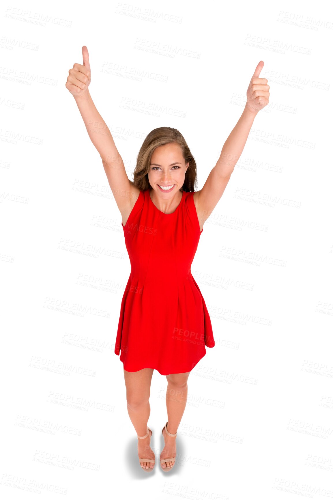 Buy stock photo Happy, thumbs up and woman in a dress for approval, agreement or achievement. Success, smile and portrait of a young female model with a like gesture or emoji isolated by a transparent png background