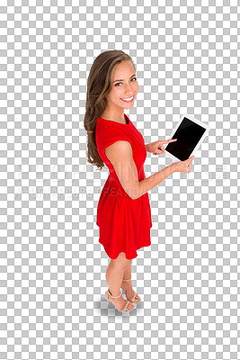 Buy stock photo Tablet, screen and portrait of woman above for fashion marketing, e commerce and presentation or news. Happy person with red dress or clothes and digital mockup isolated on transparent png background