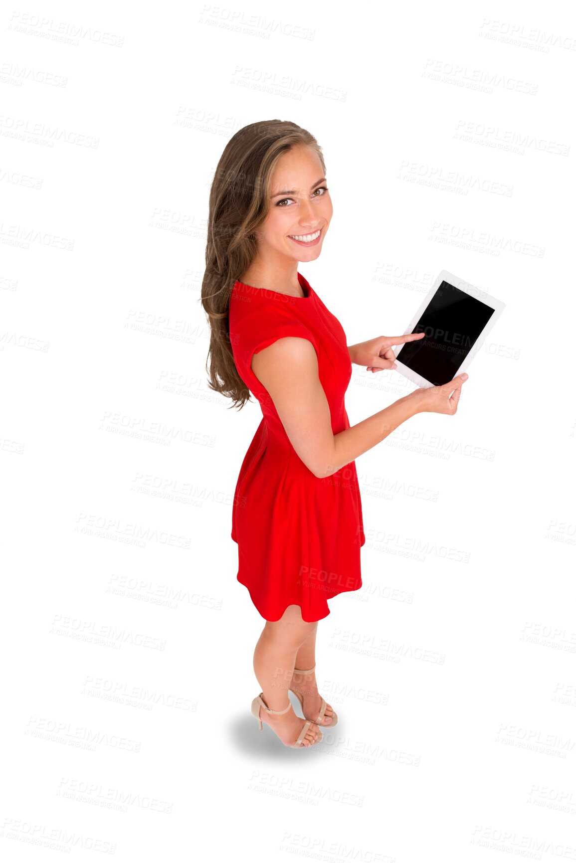 Buy stock photo Tablet, screen and portrait of woman above for fashion marketing, e commerce and presentation or news. Happy person with red dress or clothes and digital mockup isolated on transparent png background