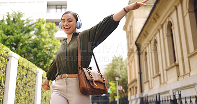 Buy stock photo City, dance and woman with headphones, employee and excited with movement, streaming song and audio. Person, happy worker or entrepreneur outdoor, headset and energy with celebration, music and radio