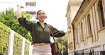 Happy, dance and woman in city, headphones and celebrate in street, cheerful and inspiration. Female person, person and girl with headset, dancing and movement in town, listening to music and radio