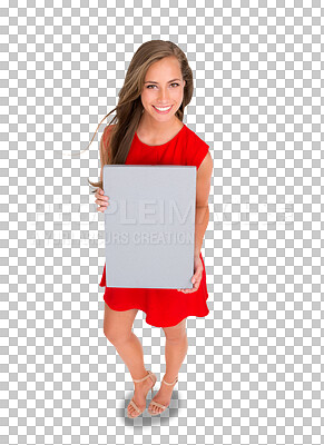 Buy stock photo Isolated woman, blank poster and portrait with smile, mockup space and promo by transparent png background. Girl, model and sign for voice, opinion and mock up with billboard, promotion and fashion