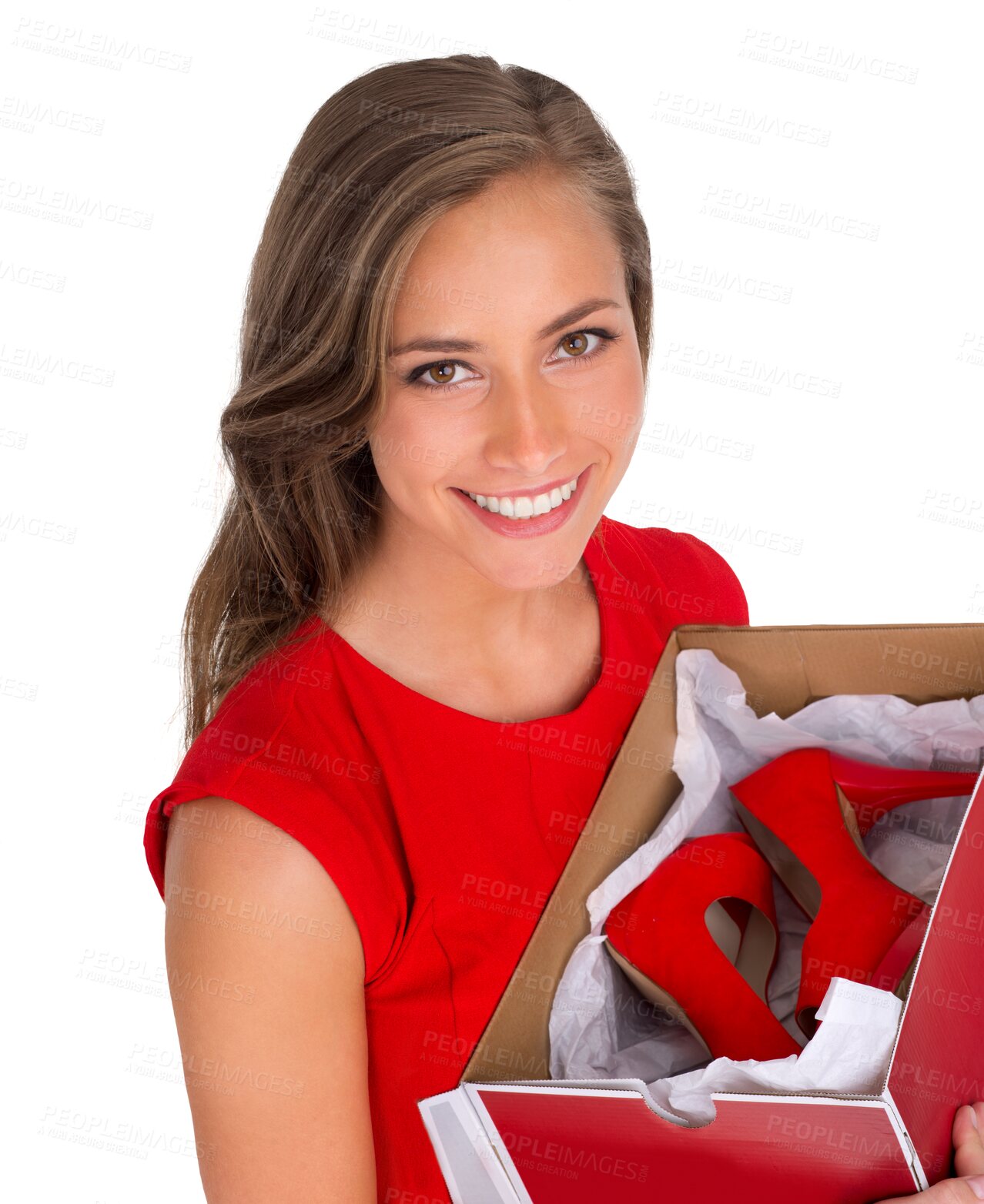 Buy stock photo Isolated happy woman, shoe box and present in portrait with fashion by transparent png background. Girl, young model and top view with package, gift or heels from retail sale, discount and shoes