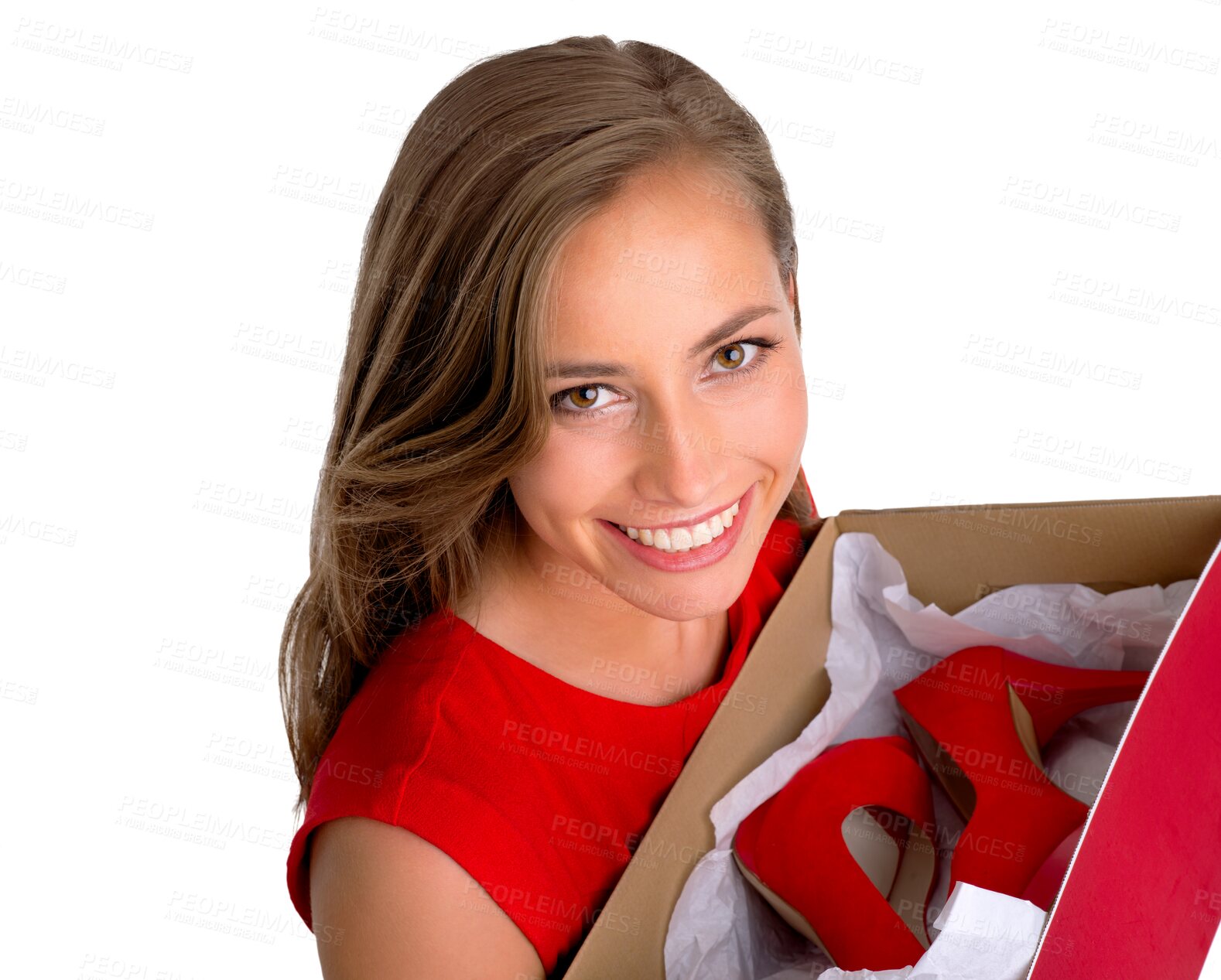 Buy stock photo Isolated happy woman, shoe box and gift in portrait with fashion by transparent png background. Girl, young model and top view with package, present and heels from retail sale, discount and shoes