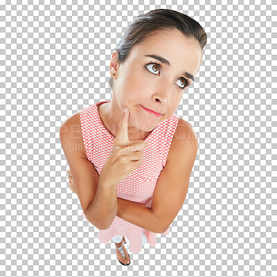 Buy stock photo Thinking, high angle and woman with idea, solution or thoughtful memory with casual outfit. Confident, vision and young female model with dream face expression isolated by transparent png background.