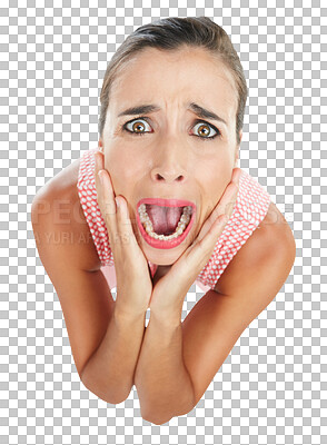 Buy stock photo Woman, scared and panic or stress in high angle with png or isolated and transparent background. Fear, portrait and worried with shock and feeling overwhelmed with news or crisis and open mouth.