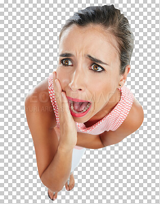 Buy stock photo Horror, face of fear and woman screaming for scary, anxiety or shout of surprise on transparent, isolated or png background. Stress, shock and person with scared expression, reaction or danger