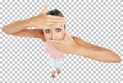 Buy stock photo High view, portrait of a woman cover her face and isolated against a transparent png background. Shocked or surprise, news or facial reaction and female person partially covering her head with hands