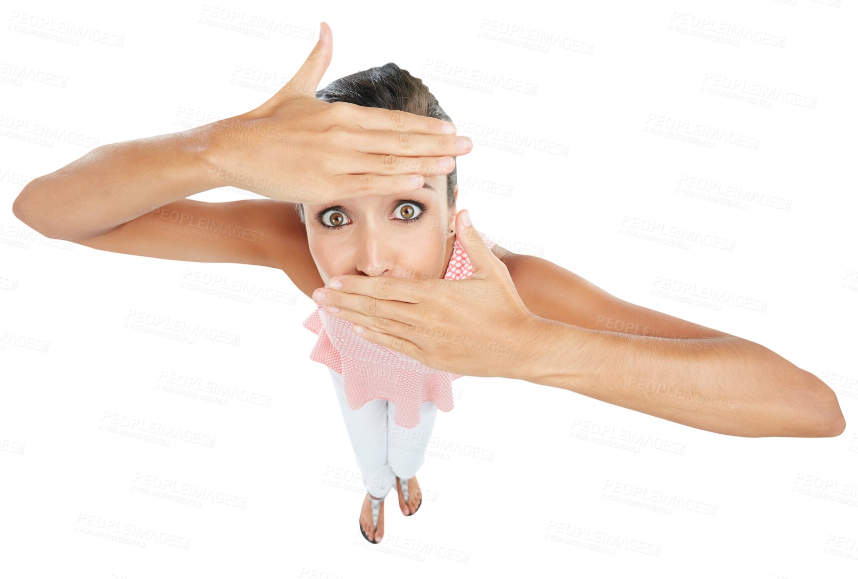 Buy stock photo High view, portrait of a woman cover her face and isolated against a transparent png background. Shocked or surprise, news or facial reaction and female person partially covering her head with hands