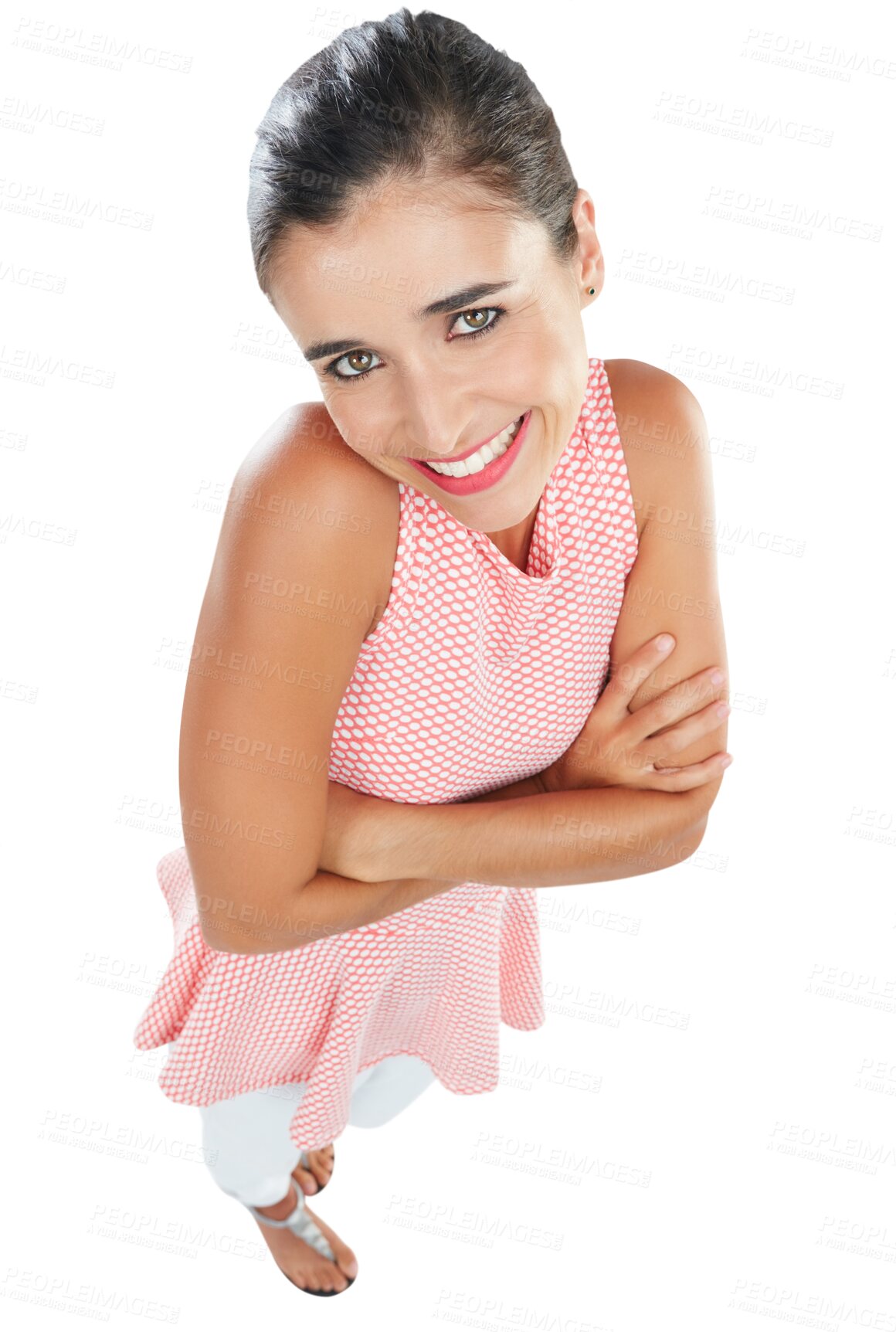 Buy stock photo Isolated woman, top view portrait and fashion with arms crossed, smile and transparent png background. Girl, happy young model and trendy clothes with beauty, confident face and casual style in youth