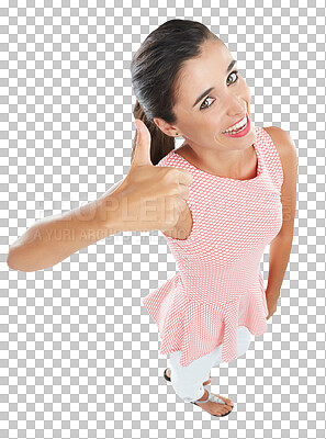 Buy stock photo Thumbs up, success and portrait of woman winning, thank you or vote, yes and like emoji above. Happy face of young person with okay, subscribe or good job sign isolated on transparent, png background