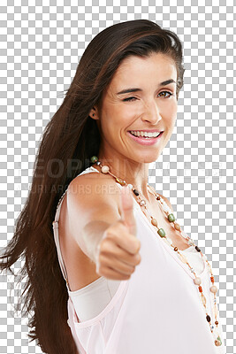 Buy stock photo Portrait, thumbs up and woman wink for winner, thank you or deal, yes and like sign isolated on transparent png background. Happy face, emoji and person from Brazil and hands for okay, thanks or vote