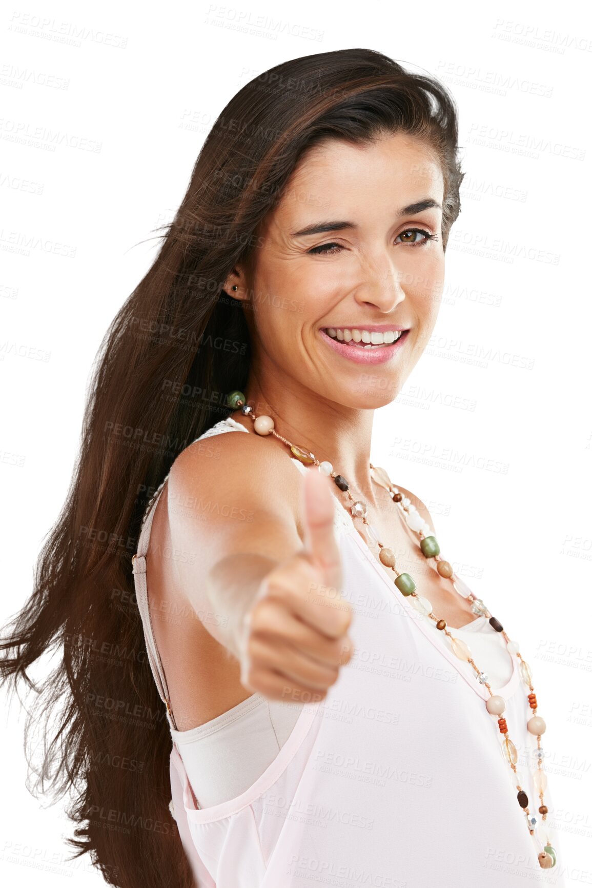 Buy stock photo Portrait, thumbs up and woman wink for winner, thank you or deal, yes and like sign isolated on transparent png background. Happy face, emoji and person from Brazil and hands for okay, thanks or vote