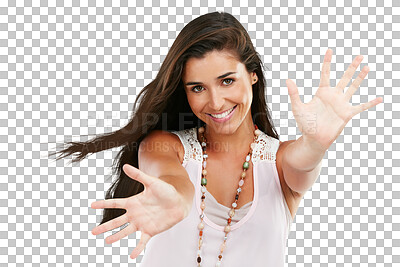 Buy stock photo Fashion, surprise and portrait of woman with hands on png, isolated and transparent background. Stretching arms, confidence and happy female person with gesture for promotion, deal and branding