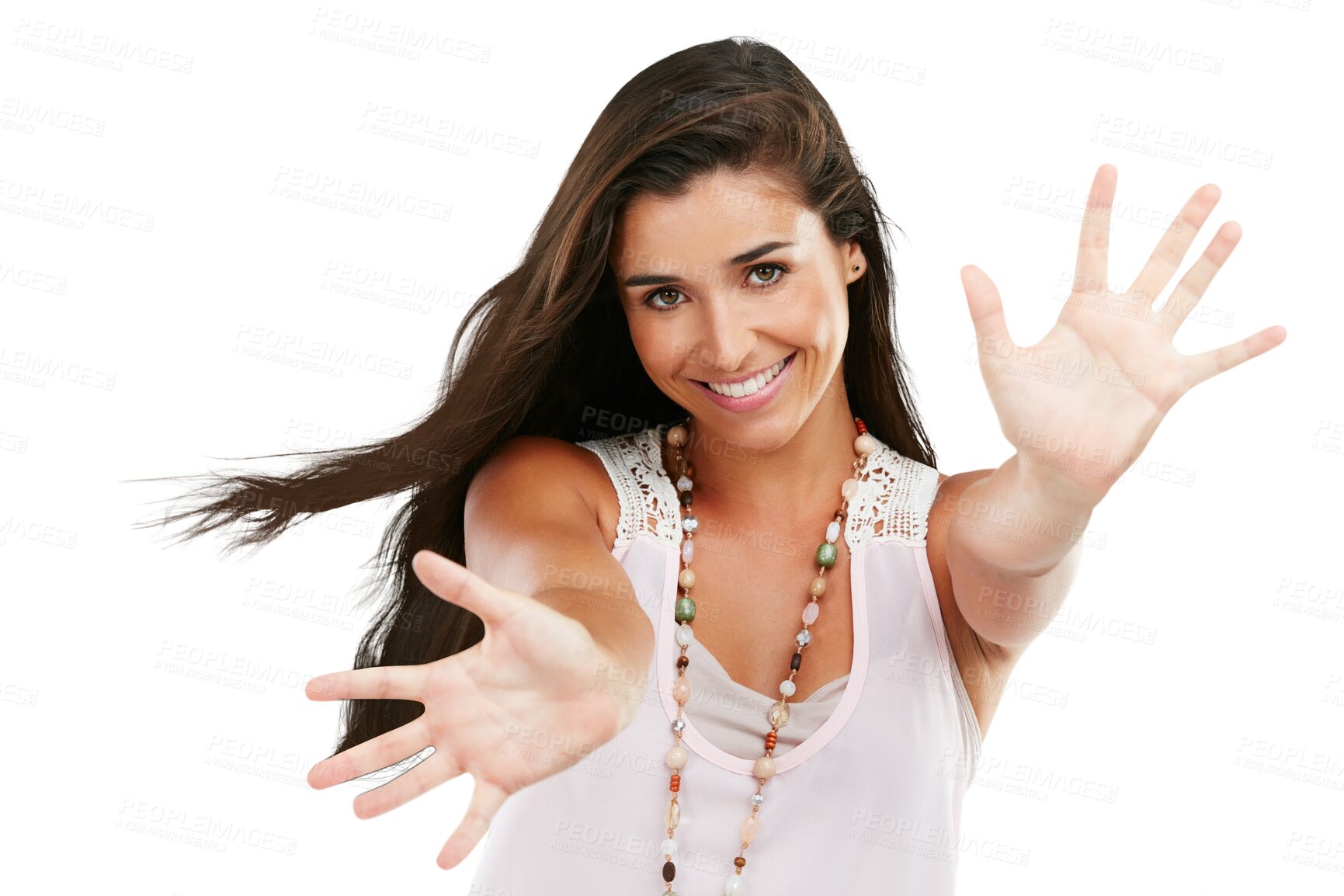 Buy stock photo Fashion, surprise and portrait of woman with hands on png, isolated and transparent background. Stretching arms, confidence and happy female person with gesture for promotion, deal and branding