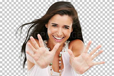 Buy stock photo Happy, portrait of a woman stretching her arms and smile isolated against a transparent png background. Welcome or greeting gesture, excited or cheerful and female person stretch for happiness