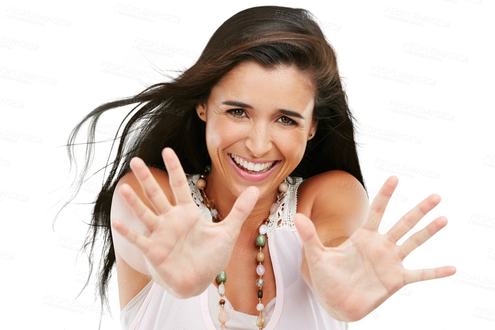 Buy stock photo Happy, portrait of a woman stretching her arms and smile isolated against a transparent png background. Welcome or greeting gesture, excited or cheerful and female person stretch for happiness