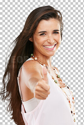 Buy stock photo Isolated hipster woman, thumbs up and portrait with smile, review and yes by transparent png background. Happy lady, agreement and hand with icon, sign and emoji for good review, choice and feedback