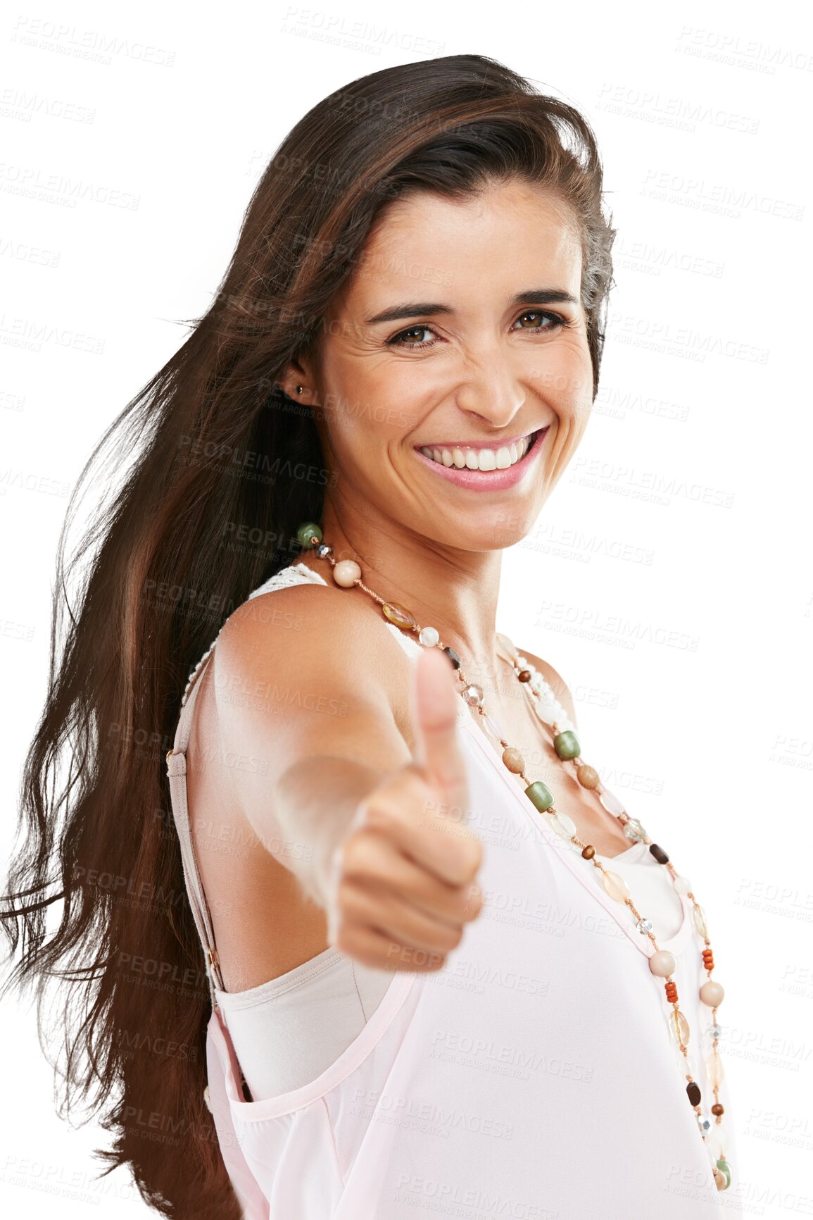 Buy stock photo Isolated hipster woman, thumbs up and portrait with smile, review and yes by transparent png background. Happy lady, agreement and hand with icon, sign and emoji for good review, choice and feedback