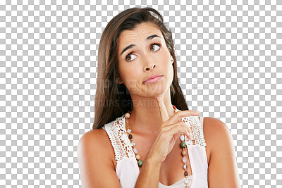 Buy stock photo Thinking, planning and woman with solution, idea or thoughtful memory with casual outfit. Confident, vision and young female model with dream face expression isolated by a transparent png background.