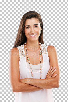 Buy stock photo Portrait, smile and woman with arms crossed isolated on a transparent png background. Face, confidence and young female person from Australia with positive mindset, casual clothes and trendy fashion.