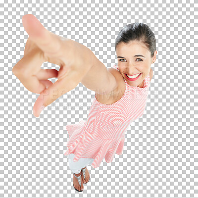 Buy stock photo Excited, woman and pointing up in portrait and presentation, advertising and direction isolated on transparent png background. Announcement, news and information, happy female model hand and top view