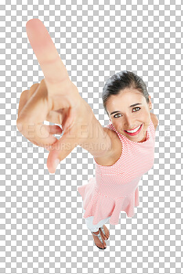 Buy stock photo Woman, pointing up in portrait and presentation, advertising and direction with smile isolated on transparent png background. Announcement, news and information, happy female model hand and top view