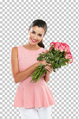 Buy stock photo Isolated woman, flowers and portrait with gift, smile and beauty for celebration by transparent png background. Girl, model and flower bouquet for present, birthday or valentines day date for love