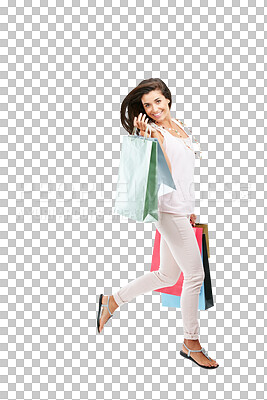 Buy stock photo Shopping, walking and woman in portrait isolated on transparent png background for sale, discount or promotion. Happy person or excited customer running with retail bag, gift or fashion giveaway