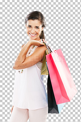 Buy stock photo Woman, happy with shopping bag and retail in portrait, market or mall with fashion isolated on transparent png background. Customer experience, commerce and female model with store purchase discount